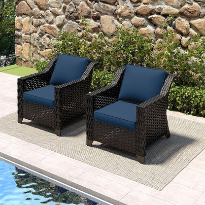 2 Piece Patio Furniture Set, Wicker Outdoor Conversation Set | Patio Chair Set with Olefin Removable Cushion, All-Weather Armchairs with Deep Seat for Porch, Deck and Backyard, Blue