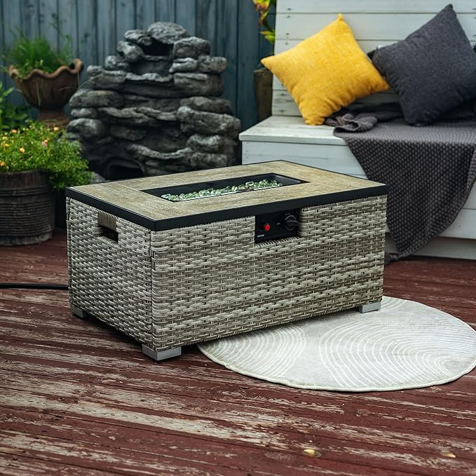 KEIKI 32 Inch Outdoor Patio Fire Pit Table with Propane Tank Holder, Rectangular Gas Firepit Set, 50000 BTU Wicker Heater with Wind Beads