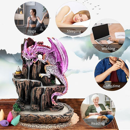 Dragon Backflow 2 Sided Mountain Waterfall Incense Burner,Fountain Smoke Incense Holder with Backflow Incense Cones, Tweezers, Mat，Resin Aromatherapy Meditationvaiuk (Purple)