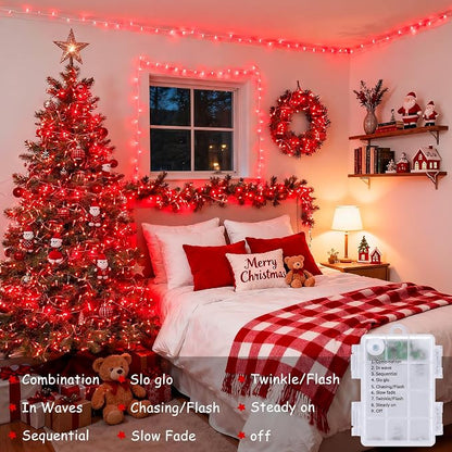 JMEXSUSS 33ft 100 LED Red Battery Operated Lights with Remote, Valentine Lights Battery Operated, Christmas String Light Indoor Outdoor for Valentine's Day Tree House Yard Xmas Decor (Pack of 2)
