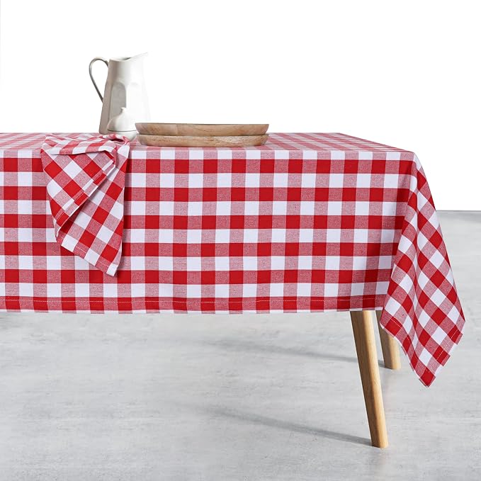 Gingham Checkered Tablecloth 52x70 Inch, 100% Cotton, Classic Check Pattern, Washable Table Cover for Farmhouse Decor, Picnics, Holiday Meals, Party, Everyday Dining, Red White