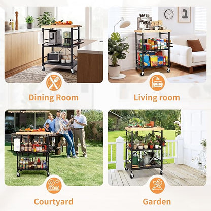 PLKOW Plus-Size Foldable 3-Tier Kitchen Cart with Solid Oak Top, Black | Solid oak top, fold-flat steel frame, 3-tier storage, side organizers, and lockable wheels for kitchens and patios.