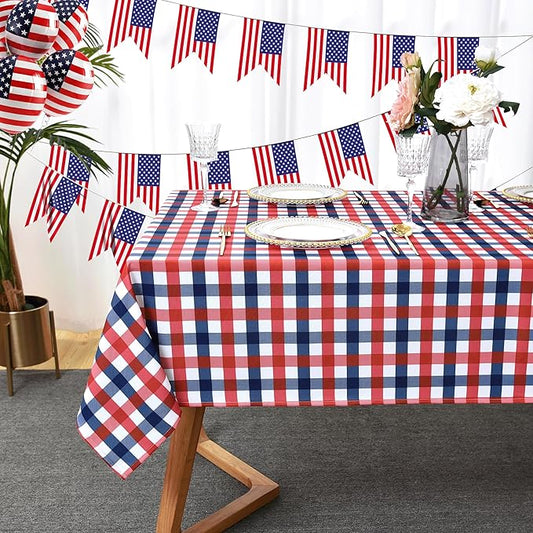 Classic Gingham Tablecloth Fabric - Oblong 58x120 Water Resistant Patriotic Party Table Cloth for Indoor/Outdoor Use - Tabletop Cover for Independence Day Memorial Day