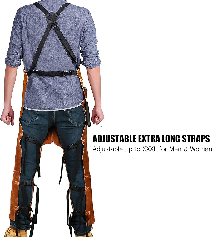 QeeLink Leather Welding Apron Split Leg for Men - Spark Flame Heat Resistant Bib Protective Chaps - Heavy Duty Cowhide Pants