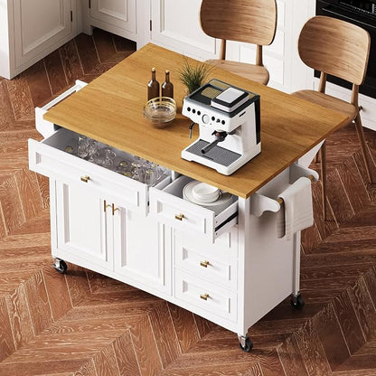 Ball & Cast Kitchen Island with Drop Leaf,Embossed Texture Kitchen Island On Wheels with Spice & Towel Rack,2 Doors and 5 Drawers,Kitchen Storage Cart W/Adjustable Shelf for Kitchen,White,52"