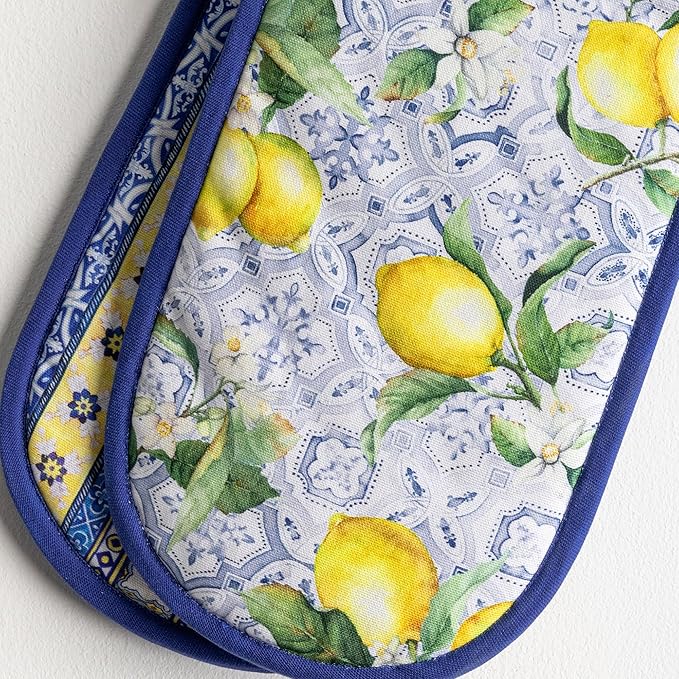 Maison d' Hermine Double Oven Mitts 100% Cotton 7"x35" Double Oven Mitt Heat Resistant BBQ Cooking Gloves with Loop Baking Grilling Kitchen Hotel Home Farmhouse Spring Summer (Citrus)