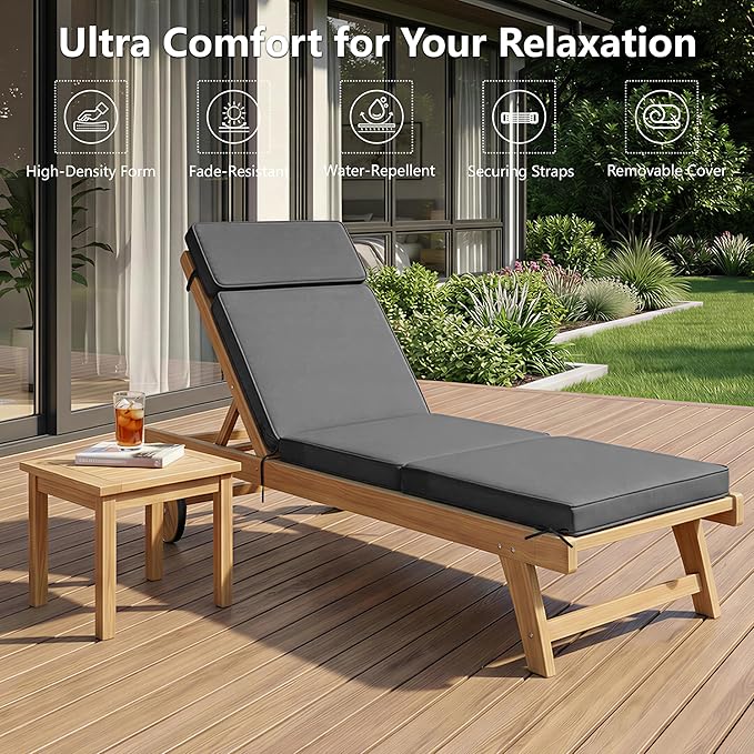 72 x 21 Inch Outdoor Chaise Lounge Cushion - Removable Cover, 4-Section Design, Water-Repellent & Fade-Resistant, 6 Tie Straps, Replacement for Patio & Pool Chairs - Dark Grey