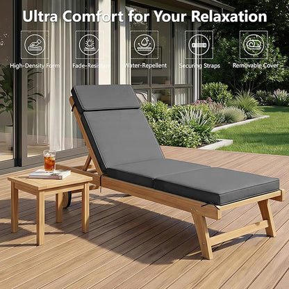 72 x 21 Inch Outdoor Chaise Lounge Cushion - Removable Cover, 4-Section Design, Water-Repellent & Fade-Resistant, 6 Tie Straps, Replacement for Patio & Pool Chairs - Dark Grey