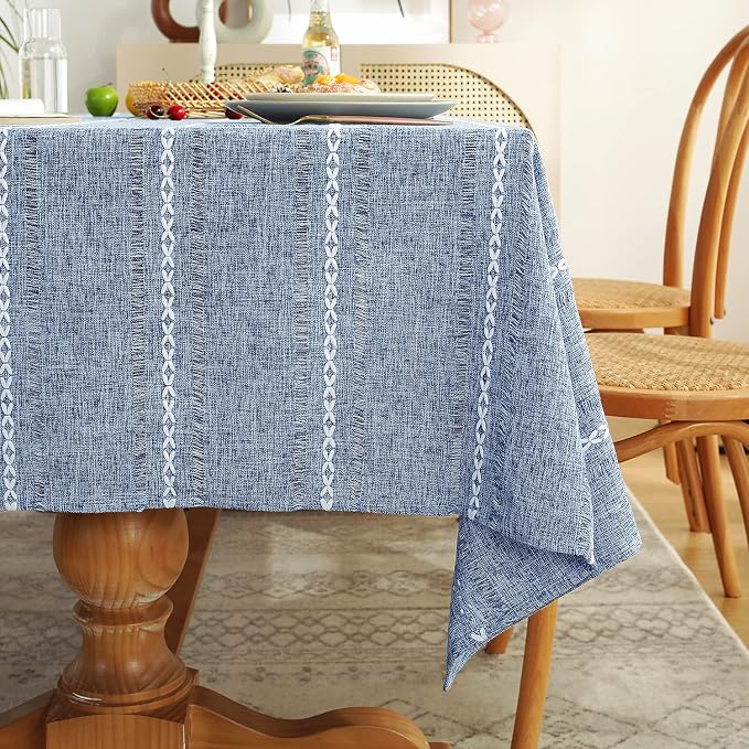 Chassic Rectangle Tablecloth 60 x 120 Inch, Farmhouse Boho Linen Table Cloths, Wrinkle Free & Washable Tablecloths for Dining Tables, Summer Kitchen Decor – Hemstitch Blue