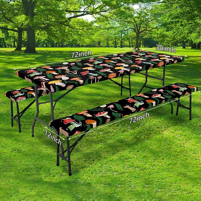 JAWO Black Picnic Table Cover with Bench Covers Elastic Edges Camping RV Essentials Waterproof Windproof Outdoor Fitted Tablecloth Rectangle Camping Tables and Seats, 30x96in