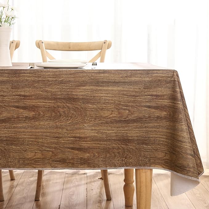 Walrus Heavy Duty Vinyl Tablecloth with Flannel Backing Waterproof Oil-Proof Plastic Table Cloth Stain-Resistant Wipeable Rectangle or Square Table Cover for Indoor and Outdoor (Wood, 52X70 Inch)