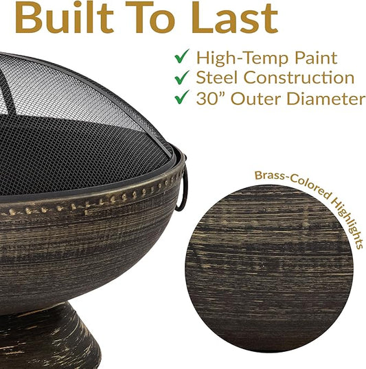 Sunnydaze 30-Inch Large Outdoor Fire Pit - Wood Burning Fire Pit for Outside with Poker and Screen - Black Finish - Regal Cauldron