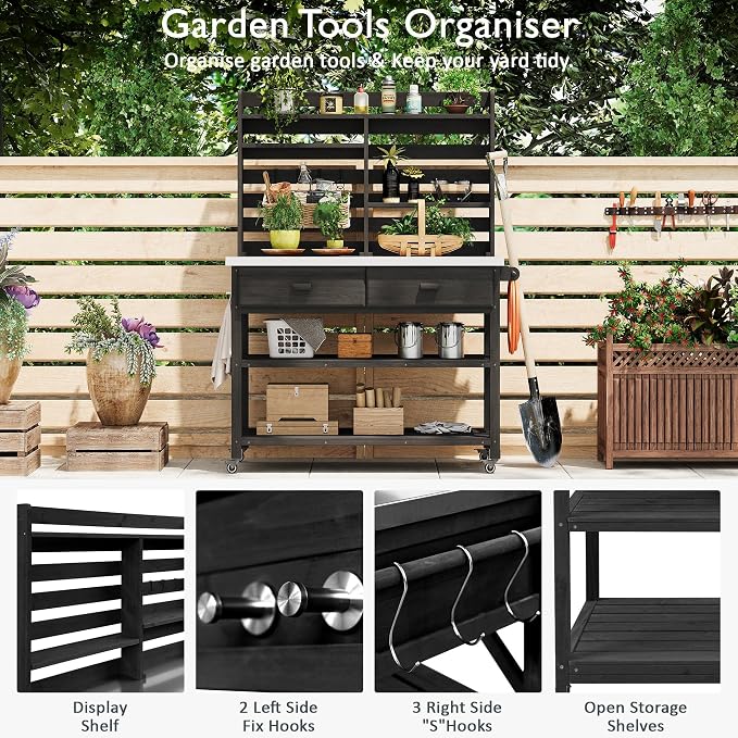 65 Inch Outdoor Potting Bench with Stainless Steel Top, Black | Black fir wood, stainless steel top, garden or patio, upper hutch, 2 drawers, towel rack, lockable wheels, 52 in L