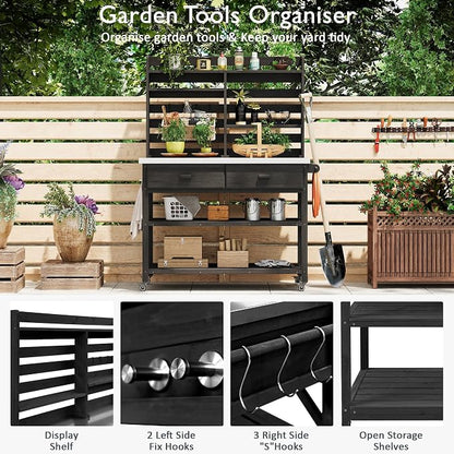 65 Inch Outdoor Potting Bench with Stainless Steel Top, Black | Black fir wood, stainless steel top, garden or patio, upper hutch, 2 drawers, towel rack, lockable wheels, 52 in L