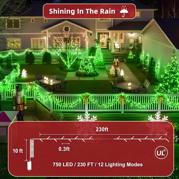 240FT Christmas Lights Outdoor, 750 LED Christmas Tree Decoration Lights with 12 Modes & Timer Memory, Dimmable Plug in Waterproof LED Xmas Light for Yard Trees Wedding Party Holiday Green