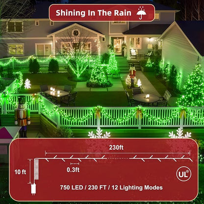 240FT Christmas Lights Outdoor, 750 LED Christmas Tree Decoration Lights with 12 Modes & Timer Memory, Dimmable Plug in Waterproof LED Xmas Light for Yard Trees Wedding Party Holiday Green