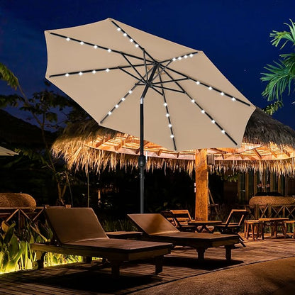 YSSOA 9' Solar Umbrella 32 LED Lighted Patio Umbrella Table Market Umbrellas with Push Button Tilt/Crank Outdoor for Garden, Deck, Backyard and Pool, Tan