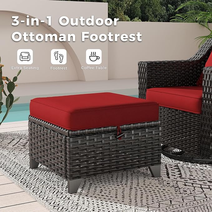 5 Pieces Patio Conversation Furniture Set - 1 Sofa, 2 Swivel Chairs, 2 Ottomans, Outdoor Wicker Furniture with Removable Cushions for Porch, Balcony, Sunroom (Red)