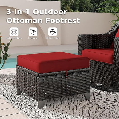 5 Pieces Patio Conversation Furniture Set - 1 Sofa, 2 Swivel Chairs, 2 Ottomans, Outdoor Wicker Furniture with Removable Cushions for Porch, Balcony, Sunroom (Red)