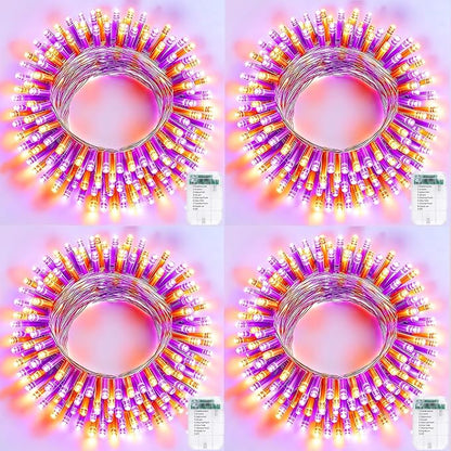 Pooqla 4 Pack String Lights Battery Operated, Total 66.6ft 200 LED Fairy Lights Indoor Outdoor Decorations, 8 Modes Battery Lights for Halloween Bedroom Classroom Porch Party Yard Decor, Orange Purple