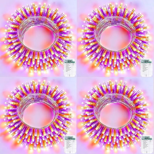 Pooqla 4 Pack String Lights Battery Operated, Total 66.6ft 200 LED Fairy Lights Indoor Outdoor Decorations, 8 Modes Battery Lights for Halloween Bedroom Classroom Porch Party Yard Decor, Orange Purple