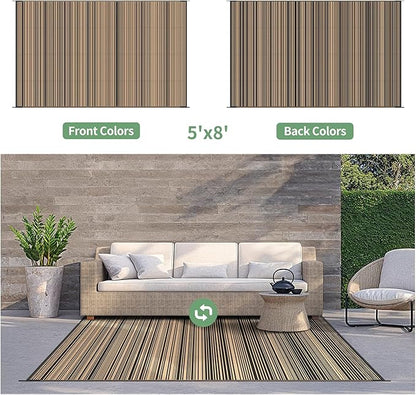 GENIMO Outdoor Rug, Waterproof Plastic Rugs for Patio, 5'x8' Light Brown | Outside Larger Modern Carpet Mat for Porch Decor, Deck, Balcony, Camping, RV, Backyard, Picnic, Beach, Reversible, Foldable