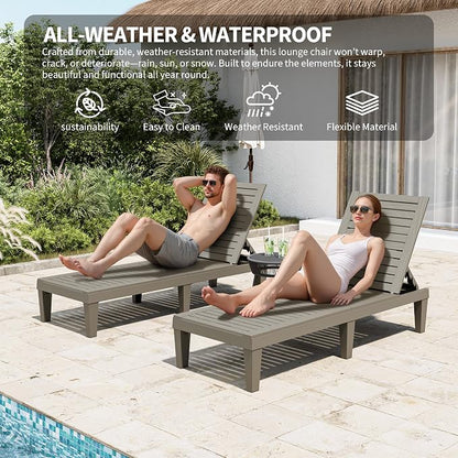 Outdoor Chaise Lounge Chair Set of 2, 5-Position Adjustable Tanning Lounge Chair, All-Weather Resin Patio Lounge Chair for Pool, Beach, Garden (Grey)