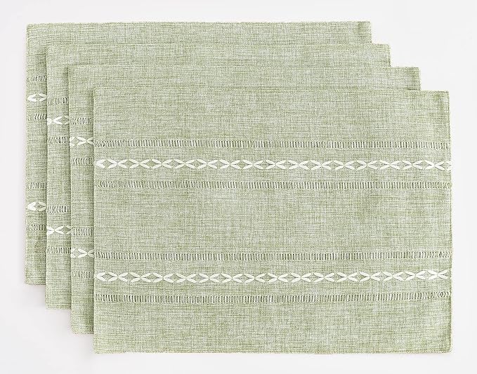 Wracra Cotton Linen Place Mats, Sage Green Embroidered Placemats Set of 4 | Placemats 12 x 18 Inch; Cotton Linen Woven Fabric; Heat Resistant Table Mats; Raised Embroidered Hollow Design