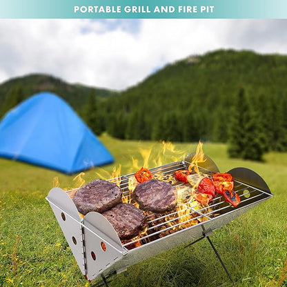 Vaygway Flatpack Portable Foldable Stainless Steel Grill and Fire Pit- Premium Quality Portable Travelling BBQ Grill- Wood Burning Charcoal Grill- For Camping, Hiking, Picnics (2 Pack)
