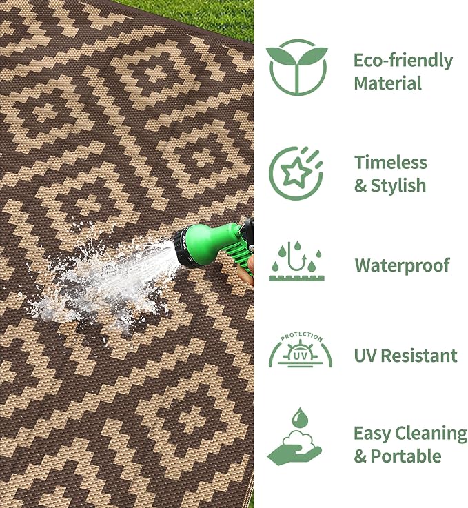 GENIMO Outdoor Rug, Waterproof Plastic Rugs for Patio, 6'x9' Coffee Brown | Outside Larger Modern Carpet Mat for Porch Decor, Deck, Balcony, Camping, RV, Backyard, Picnic, Beach, Reversible, Foldable