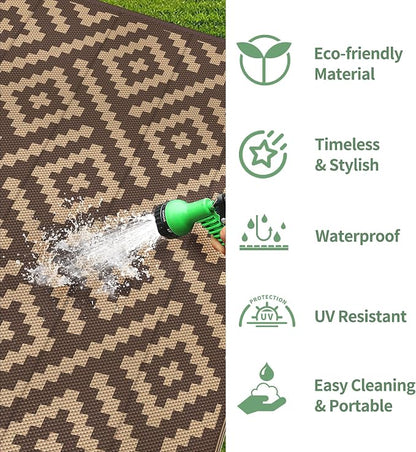 GENIMO Outdoor Rug, Waterproof Plastic Rugs for Patio, 6'x9' Coffee Brown | Outside Larger Modern Carpet Mat for Porch Decor, Deck, Balcony, Camping, RV, Backyard, Picnic, Beach, Reversible, Foldable