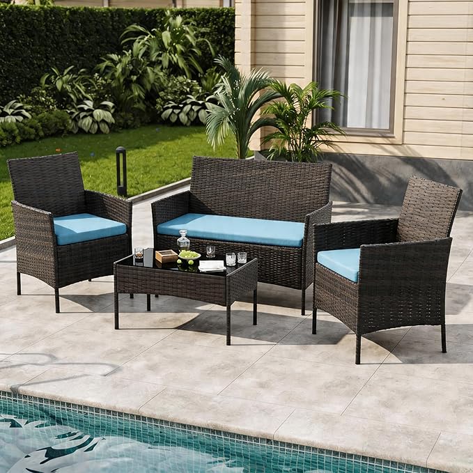 4-Piece Outdoor Furniture Set, PE Rattan Wicker Chairs with Soft Cushions & Tempered Glass Coffee Table - All-Weather Patio Set for Garden, Backyard, Porch, Poolside (Brown/Dark Blue)