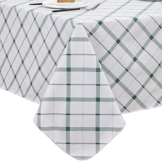 Heavy Duty Vinyl Tablecloth with Flannel Backing Waterproof Oil-Proof Plastic Table Cloth Stain-Resistant Wipeable Rectangle or Square Table Cover for Indoor and Outdoor (Green Plaid，60x102 Inch)