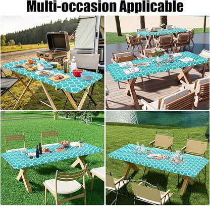 Smiry 2 Pack Rectangle Table Cloth 4 Foot, Waterproof Elastic Fitted Tablecloths, Windproof Washable Polyester Table Cover for Picnic, Camping, Outdoor (Aqua, 30"x48")