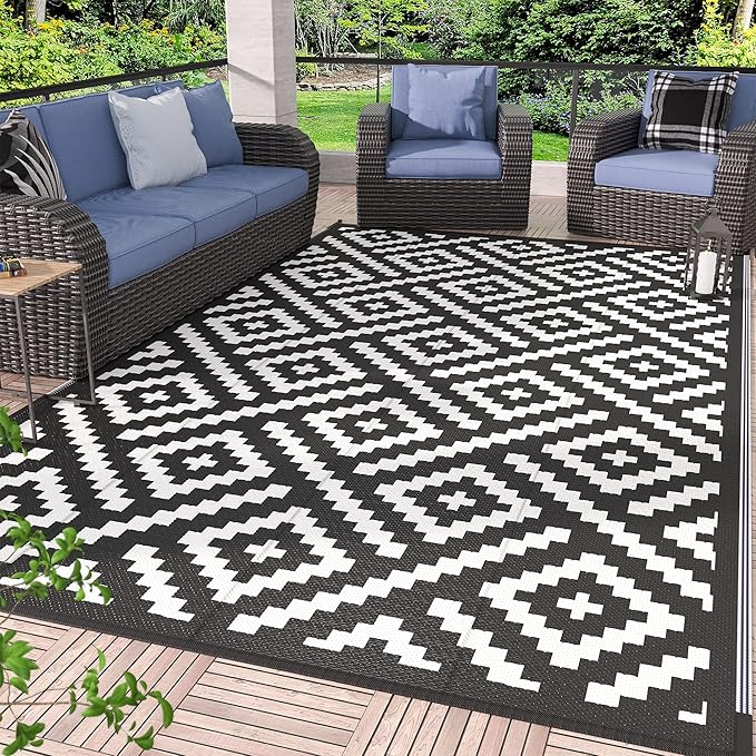GENIMO Outdoor Rug, Waterproof Plastic Rugs for Patio, 6'x9' Black White | Outside Larger Modern Carpet Mat for Porch Decor, Deck, Balcony, Camping, RV, Backyard, Picnic, Beach, Reversible, Foldable