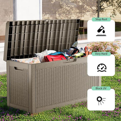 ROJIK Outdoor Storage Box, 80 Gallon Waterproof Deck Box, Weatherproof Resin Outside Storage Bin for Patio Furniture, Garden Tools, Pool Accessories, Cushion, Grey