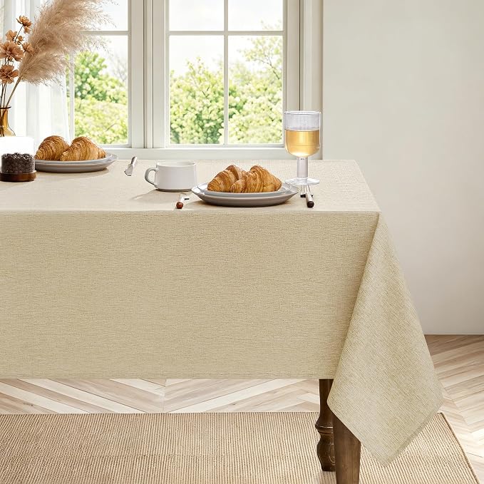 Decorelia Faux Linen Farmhouse Table Cloth 60"x120" for Rectangle Table, Beige Waterproof Outdoor Washable Cloth Tablecloth for Rectangular Dining Room Kitchen Outdoor Party Restaurant Decor