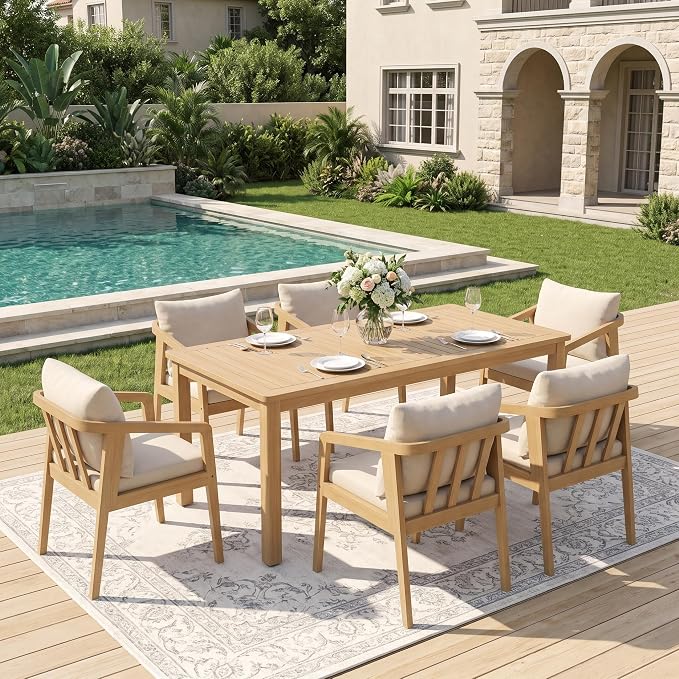 FansaFurn 7 Pieces Acacia Outdoor Patio Table and Chairs Set for All-Weather, Outside Furniture with Table Umbrella Hole and Removable Cushion for 6, Outdoor Furniture Set for Garden, Patio, Beige