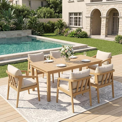 FansaFurn 7 Pieces Acacia Outdoor Patio Table and Chairs Set for All-Weather, Outside Furniture with Table Umbrella Hole and Removable Cushion for 6, Outdoor Furniture Set for Garden, Patio, Beige