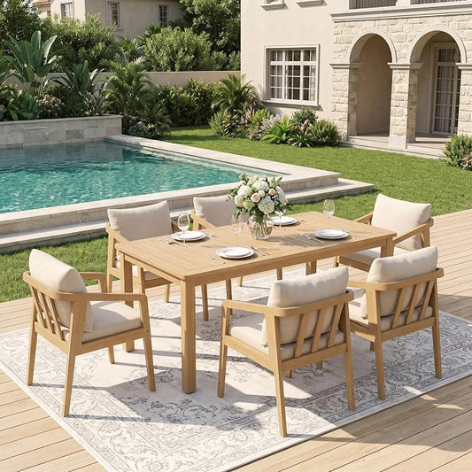 FansaFurn 7 Pieces Acacia Outdoor Patio Table and Chairs Set for All-Weather, Outside Furniture with Table Umbrella Hole and Removable Cushion for 6, Outdoor Furniture Set for Garden, Patio, Beige