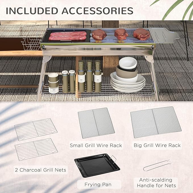 Charcoal Grill, Stainless Steel Portable Folding BBQ, Outdoor Hibachi for Backyard Cooking, Camping, Picnic, Party, Tailgating and Travel with Pan, Grill Rack, Shelves, and Hooks