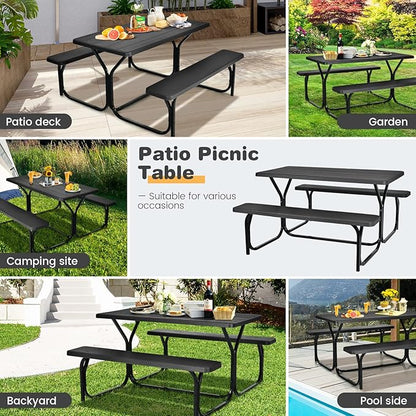 COSTWAY Outdoor Picnic Table, HDPE Plastic Picnic Table Bench Set | Weather Resistant Tabletop & Wood Texture, Ideal for Patio, Backyard (59" D x 54" W x 28.5" H,Black)