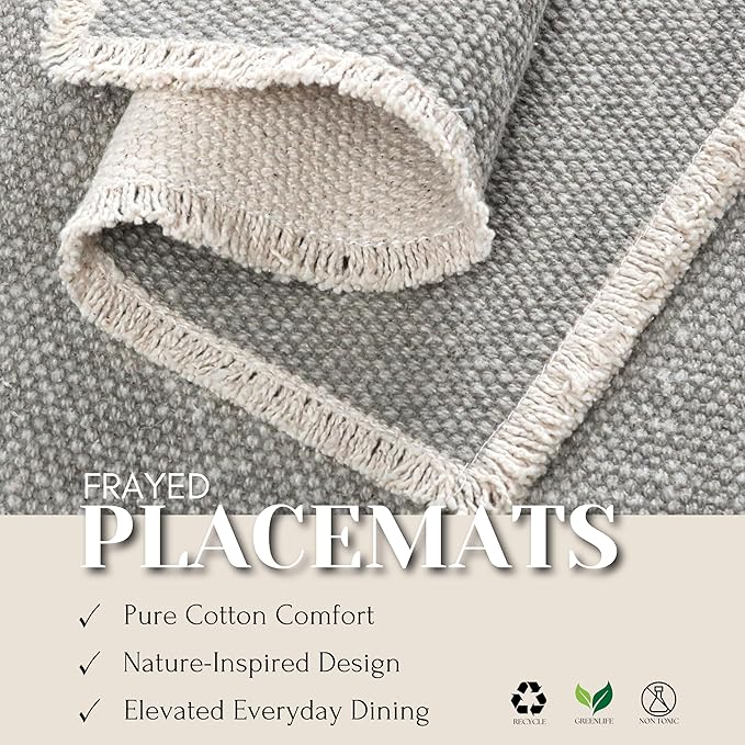 Hausattire Cotton Frayed Placemats Set of 4 Dining Table 13x19 Inch | Rustic Farmhouse Boho Washable Easter Placemat for Outdoor Parties BBQ's Wedding, Special Occasions, Nubby Cotton - Grey