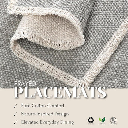 Hausattire Cotton Frayed Placemats Set of 4 Dining Table 13x19 Inch | Rustic Farmhouse Boho Washable Easter Placemat for Outdoor Parties BBQ's Wedding, Special Occasions, Nubby Cotton - Grey