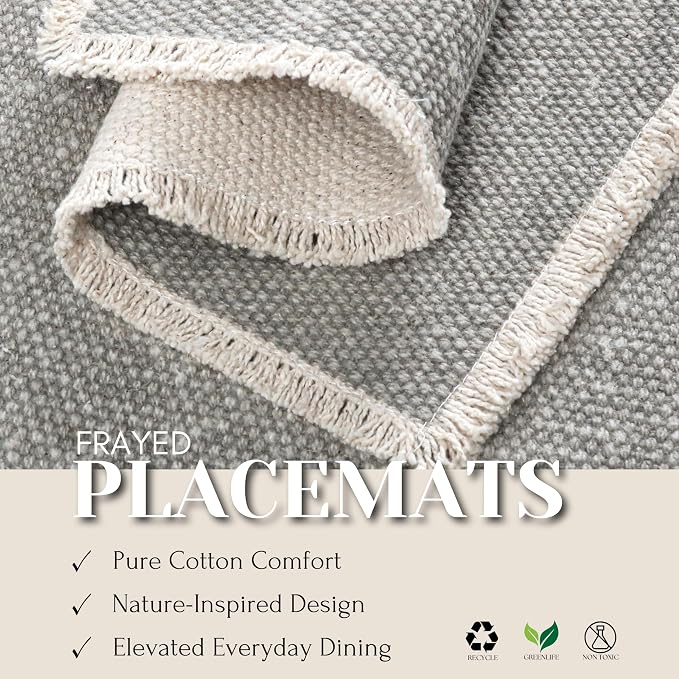Hausattire Cotton Frayed Placemats Set of 6 Dining Table 13x19 Inch | Rustic Farmhouse Boho Washable Easter Placemat for Outdoor Parties BBQ's Wedding,Special Occasions, Nubby Cotton - Grey