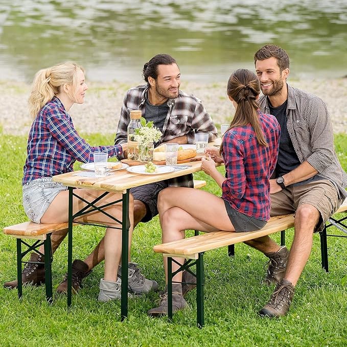 Giantex 70'' 3-Piece Portable Folding Picnic Beer Table with Seating Set Wooden Top Picnic Table for Patio Outdoor Activities Garden Use, 30'' Table Height