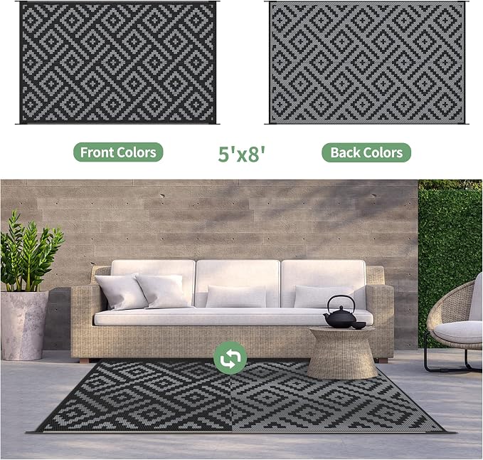 GENIMO Outdoor Rug, Waterproof Plastic Rugs for Patio, 5'x8' Black Grey | Outside Larger Modern Carpet Mat for Porch Decor, Deck, Balcony, Camping, RV, Backyard, Picnic, Beach, Reversible, Foldable
