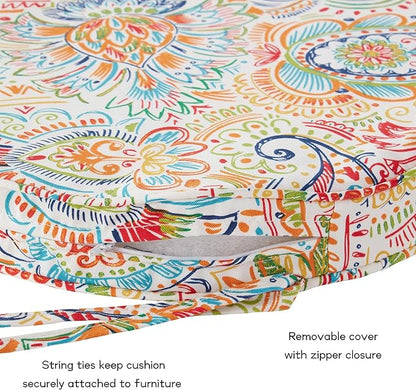 Set of 2 Outdoor 18 inch Round Patio Dining Chair Pads – Comfortable Fiber-Filled Seat Cushions with Ties, Reversible Polyester Fabric - Jamboree Paisley