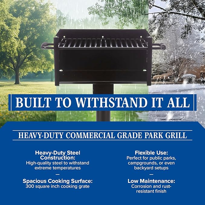 Commercial Grade Park Grill – Heavy-Duty Steel with 300 Sq Inch Cooking Grate, 360° Swivel Post, Made in the USA by Jamestown Advanced Products