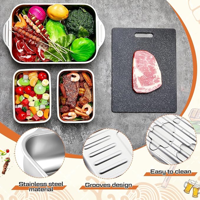 4 Pcs Grill Prep Set – Stainless Steel BBQ Prep & Serve Tray, Marinade Containers with Lids and Cutting Board for Outdoor Grilling, BBQ, Marinating (Deep Tray)